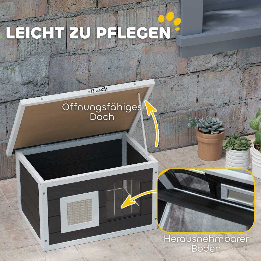 PawHut medinis kačių namelis, kačių ola su draskykle, durelėmis, atsparus oro sąlygoms, su atidaromu stogu, išimamu dugnu, skirtas naudoti viduje ir lauke, 61 x 45 x 36,5 cm, pilkas