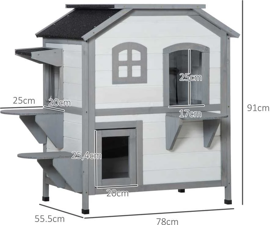 PawHut medinis kačių namelis, lauko būdelė katėms su laiptais, 2 aukštų, namelis mažiems gyvūnams iki 4,5kg, baltas, 78 x 55,5 x 91 cm