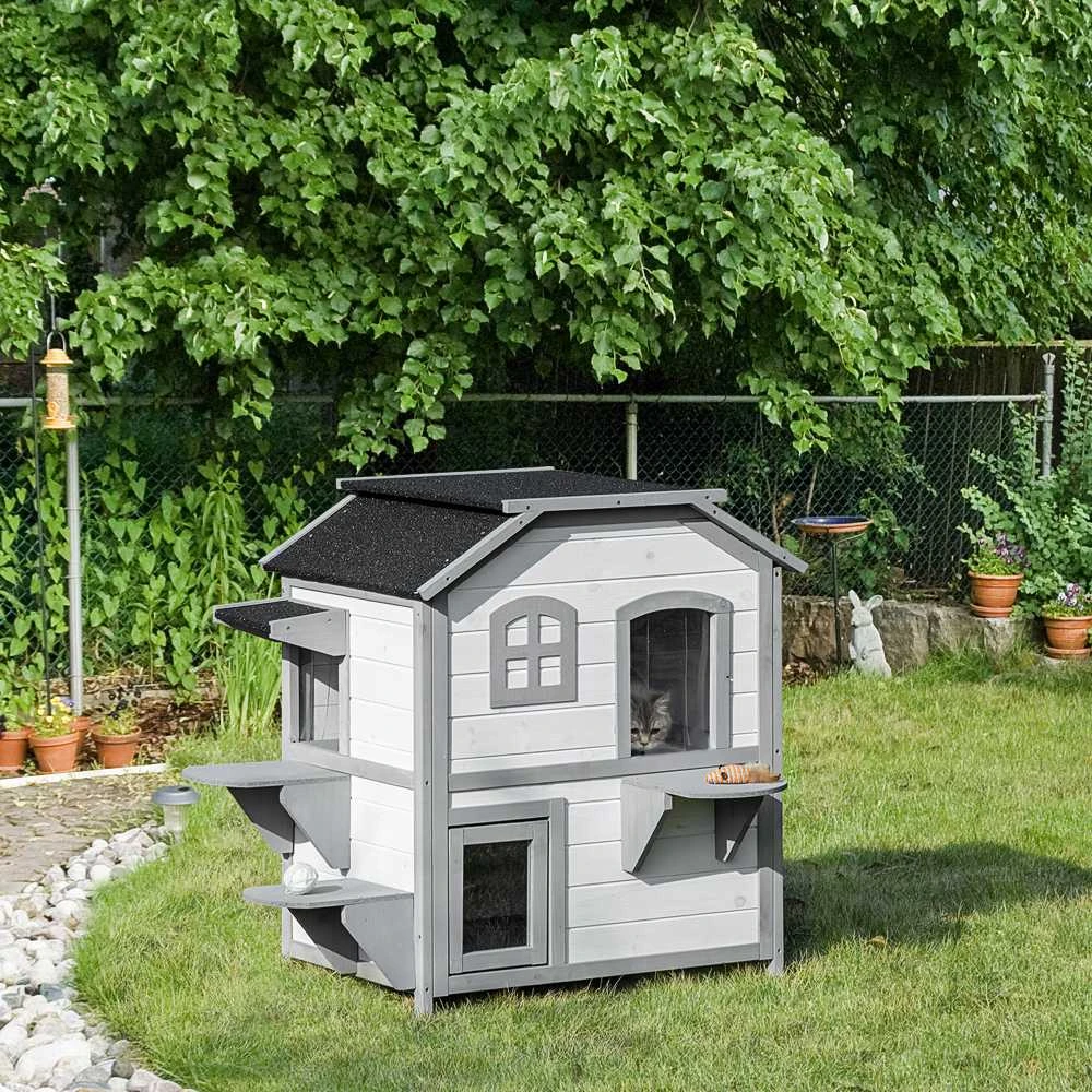 PawHut medinis kačių namelis, lauko būdelė katėms su laiptais, 2 aukštų, namelis mažiems gyvūnams iki 4,5kg, baltas, 78 x 55,5 x 91 cm