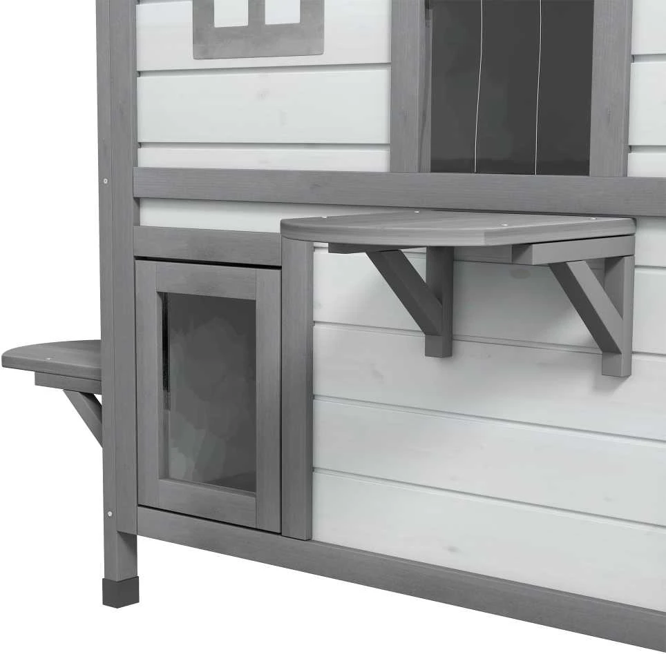 PawHut medinis kačių namelis, lauko būdelė katėms su laiptais, 2 aukštų, namelis mažiems gyvūnams iki 4,5kg, baltas, 78 x 55,5 x 91 cm