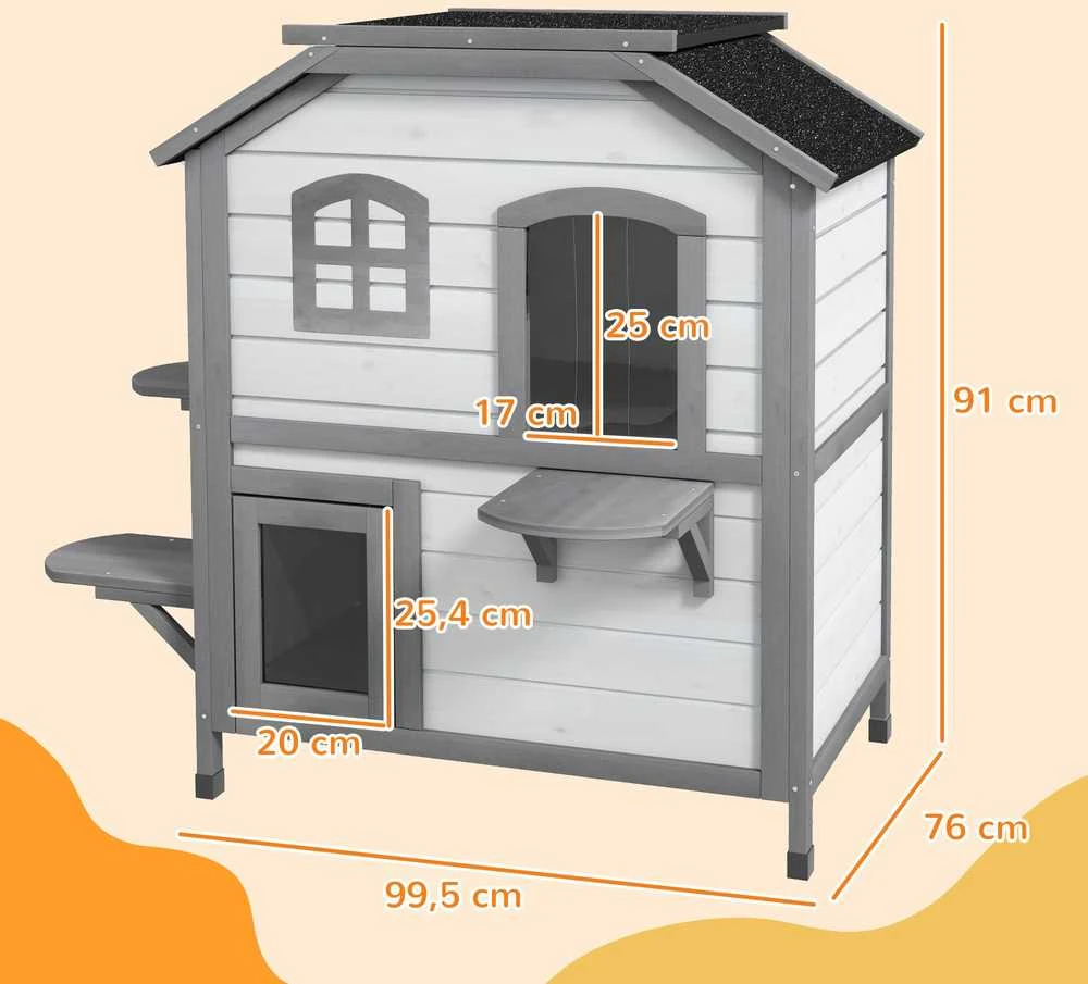 PawHut medinis kačių namelis, lauko būdelė katėms su laiptais, 2 aukštų, namelis mažiems gyvūnams iki 4,5kg, baltas, 78 x 55,5 x 91 cm
