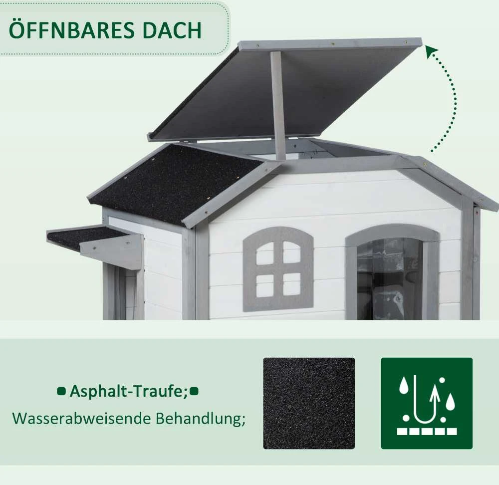 PawHut medinis kačių namelis, lauko būdelė katėms su laiptais, 2 aukštų, namelis mažiems gyvūnams iki 4,5kg, baltas, 78 x 55,5 x 91 cm