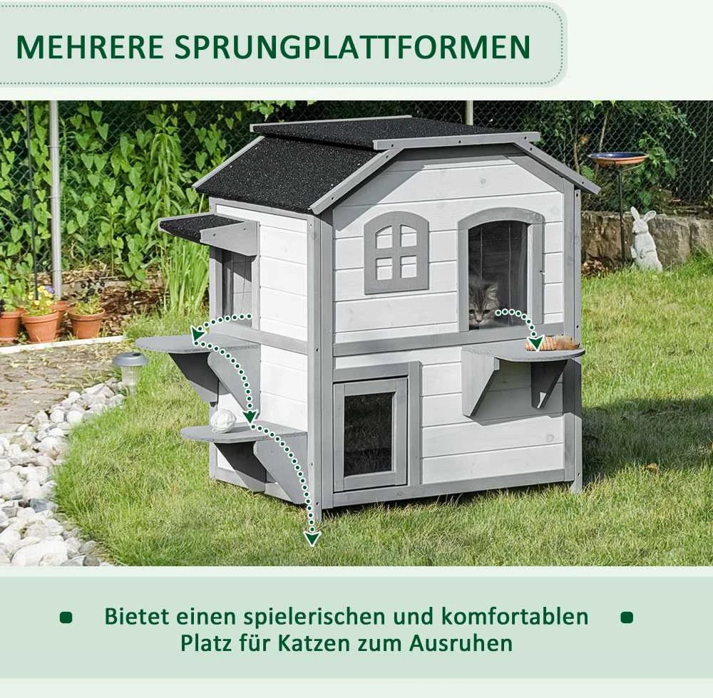 PawHut medinis kačių namelis, lauko būdelė katėms su laiptais, 2 aukštų, namelis mažiems gyvūnams iki 4,5kg, baltas, 78 x 55,5 x 91 cm