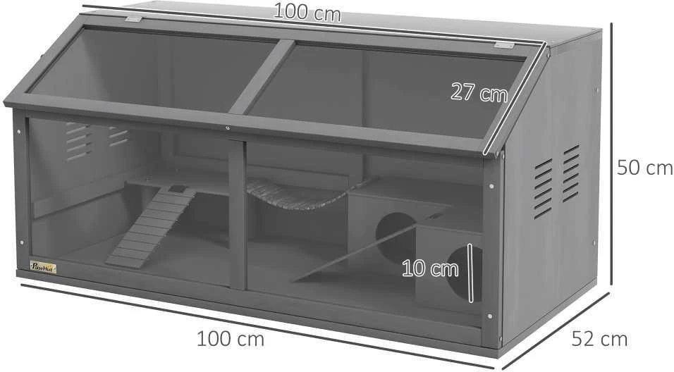 PawHut medinis graužikų narvas 100 cm, namelis, žaidimų namelis su pakabinamu tiltu ir kopėčiomis, atidaromas stogas, tamsiai pilkas