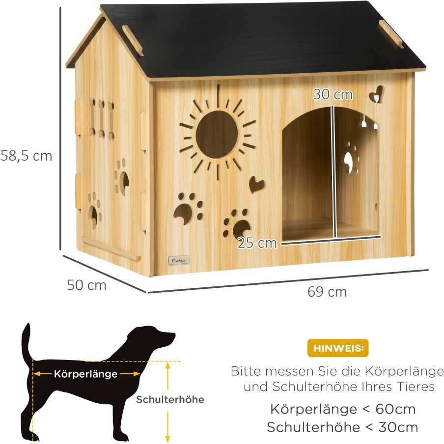 PawHut medinė šunų būda, namelis mažiems gyvūnams su ventiliacijos angomis, stogu, ąžuolo ir juodos spalvos MDF, 69 x 50 x 58,5 cm