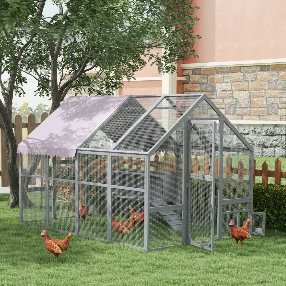 PawHut medinis vištidės voljeras, 280 x 185,5 x 188 cm, vištidė su durelėmis, lizdų dėže, stogu, rampa, lauko aptvaras 8–12 vištų, pilkas