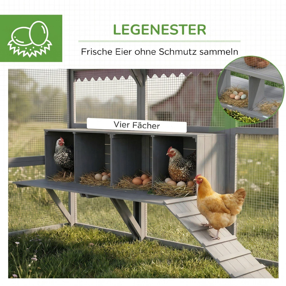 PawHut medinis vištidės voljeras, 280 x 185,5 x 188 cm, vištidė su durelėmis, lizdų dėže, stogu, rampa, lauko aptvaras 8–12 vištų, pilkas