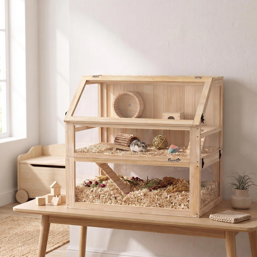 PawHut medinis žiurkėnų narvelis 3 aukštų graužikų būstas su atidaromu stogeliu, bėgimo rateliu ir priedais, natūrali mediena, 80 x 50 x 76 cm