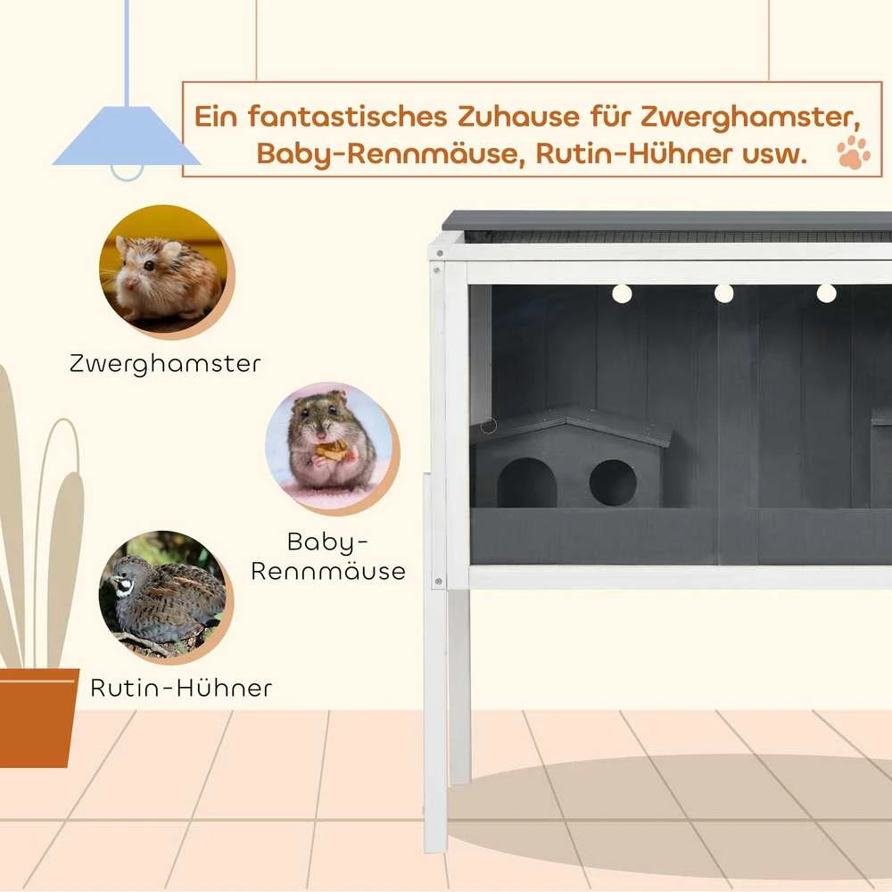 PawHut medinis žiurkėnų narvas nykštukiniams žiurkėnams, graužikų narvas, smulkių gyvūnų narvas su 2 nameliais ir priedais, didelis pelių narvas, 82 x 45 x 81 cm, pilkas
