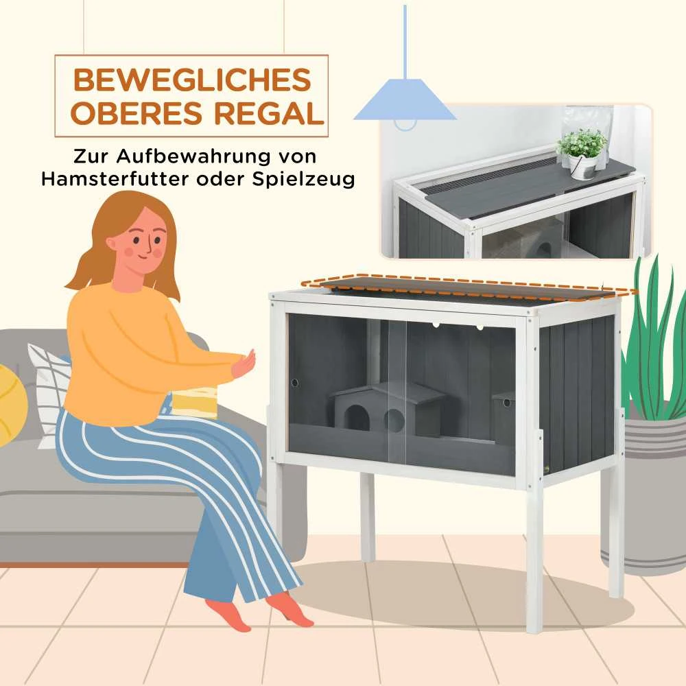 PawHut medinis žiurkėnų narvas nykštukiniams žiurkėnams, graužikų narvas, smulkių gyvūnų narvas su 2 nameliais ir priedais, didelis pelių narvas, 82 x 45 x 81 cm, pilkas