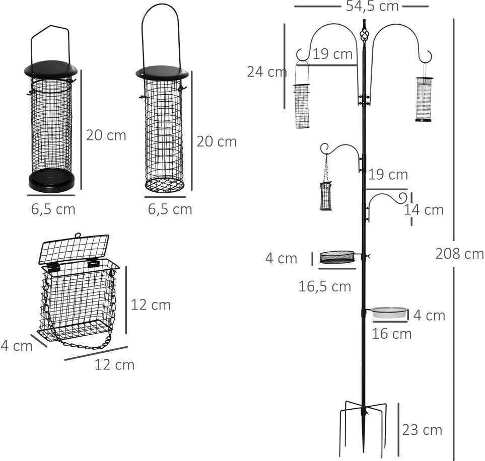 PawHut paukščių lesyklos stovas, vandens girdykla, lesyklėlė, pilnas paukščių lesyklos stulpas su 4 kabliukais, plieno, juodas, aukštis 208 cm