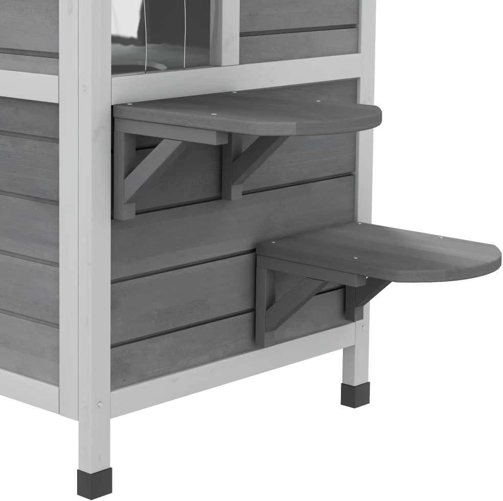 PawHut kačių namelis su bitumine stogo danga, atsparus oro sąlygoms, lauko kačių būda su laipteliais, 2 aukštų, eglės mediena, pilka, 78x55,5x91 cm