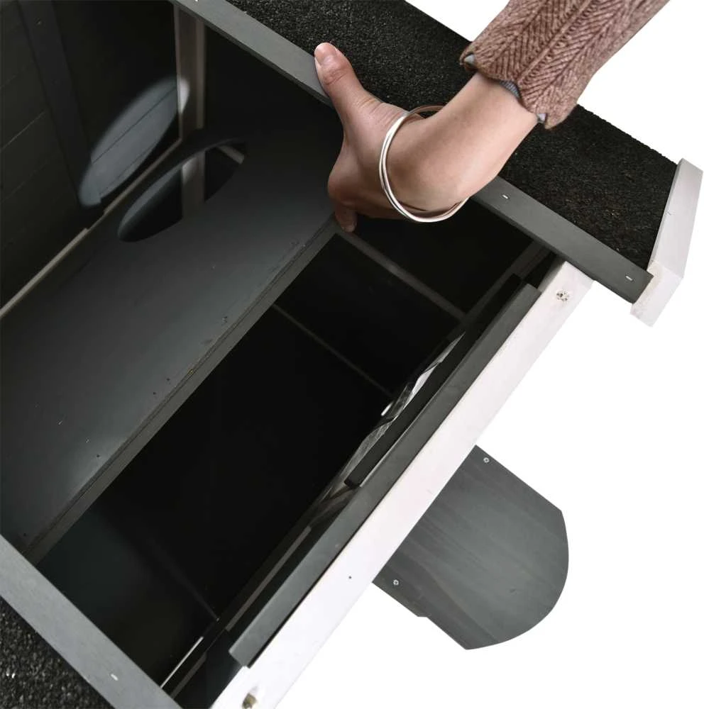 PawHut kačių namelis su bitumine stogo danga, atsparus oro sąlygoms, lauko kačių būda su laipteliais, 2 aukštų, eglės mediena, pilka, 78x55,5x91 cm
