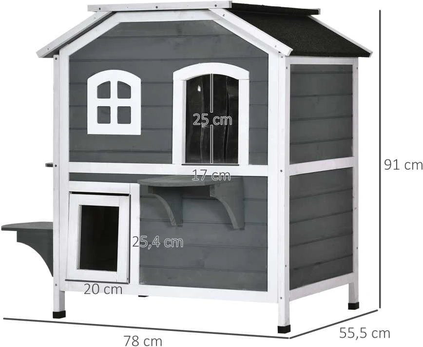 PawHut kačių namelis su bitumine stogo danga, atsparus oro sąlygoms, lauko kačių būda su laipteliais, 2 aukštų, eglės mediena, pilka, 78x55,5x91 cm