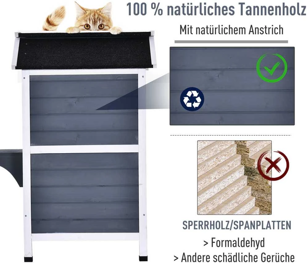 PawHut kačių namelis su bitumine stogo danga, atsparus oro sąlygoms, lauko kačių būda su laipteliais, 2 aukštų, eglės mediena, pilka, 78x55,5x91 cm