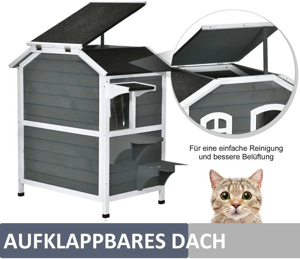 PawHut kačių namelis su bitumine stogo danga, atsparus oro sąlygoms, lauko kačių būda su laipteliais, 2 aukštų, eglės mediena, pilka, 78x55,5x91 cm