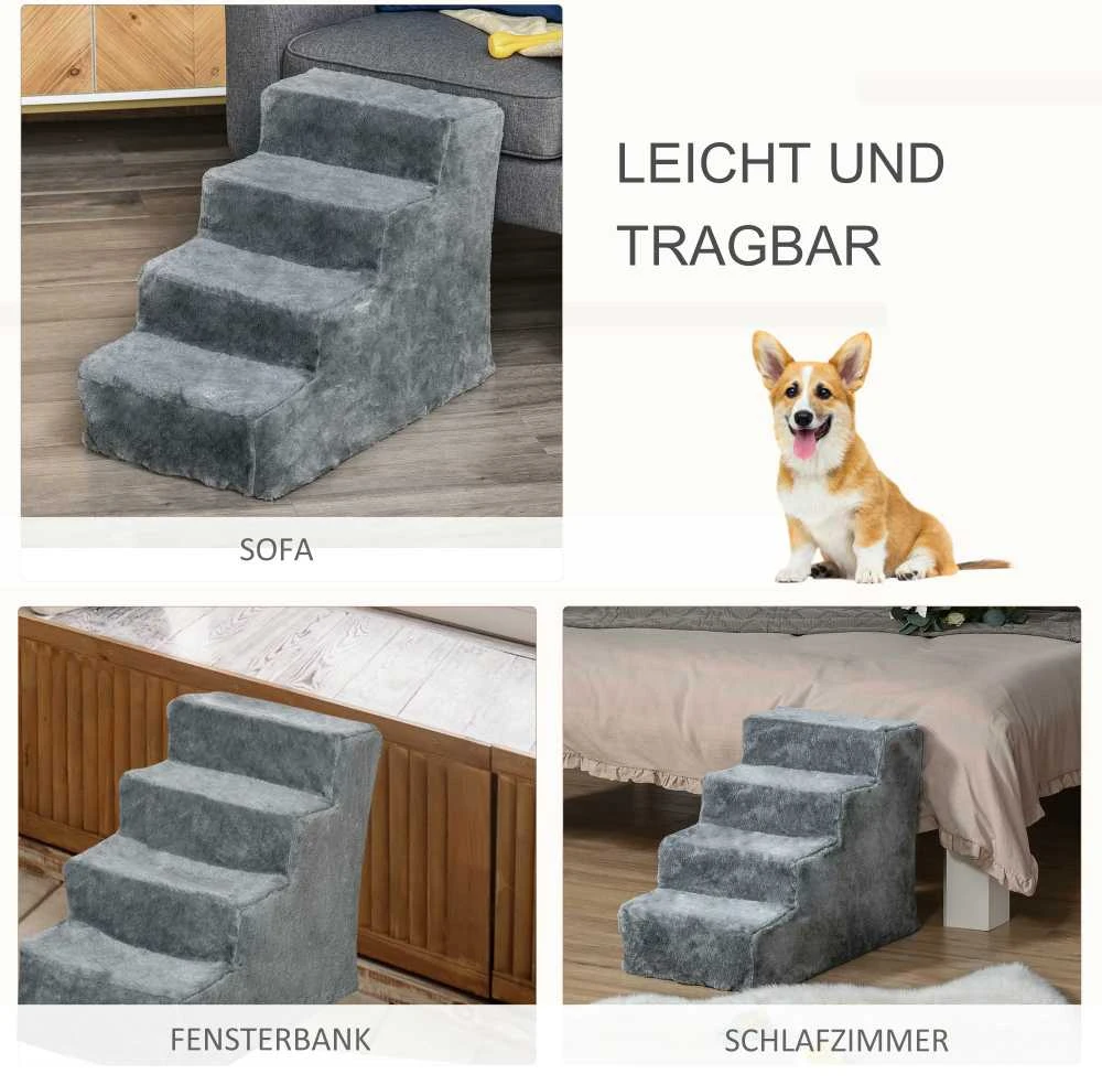 PawHut naminių gyvūnų laipteliai, 4 pakopų rampa šunims su nuimamu užvalkalu, laiptai katėms, medžio drožlių plokštė, pliušas, pilka, 60x35x44 cm
