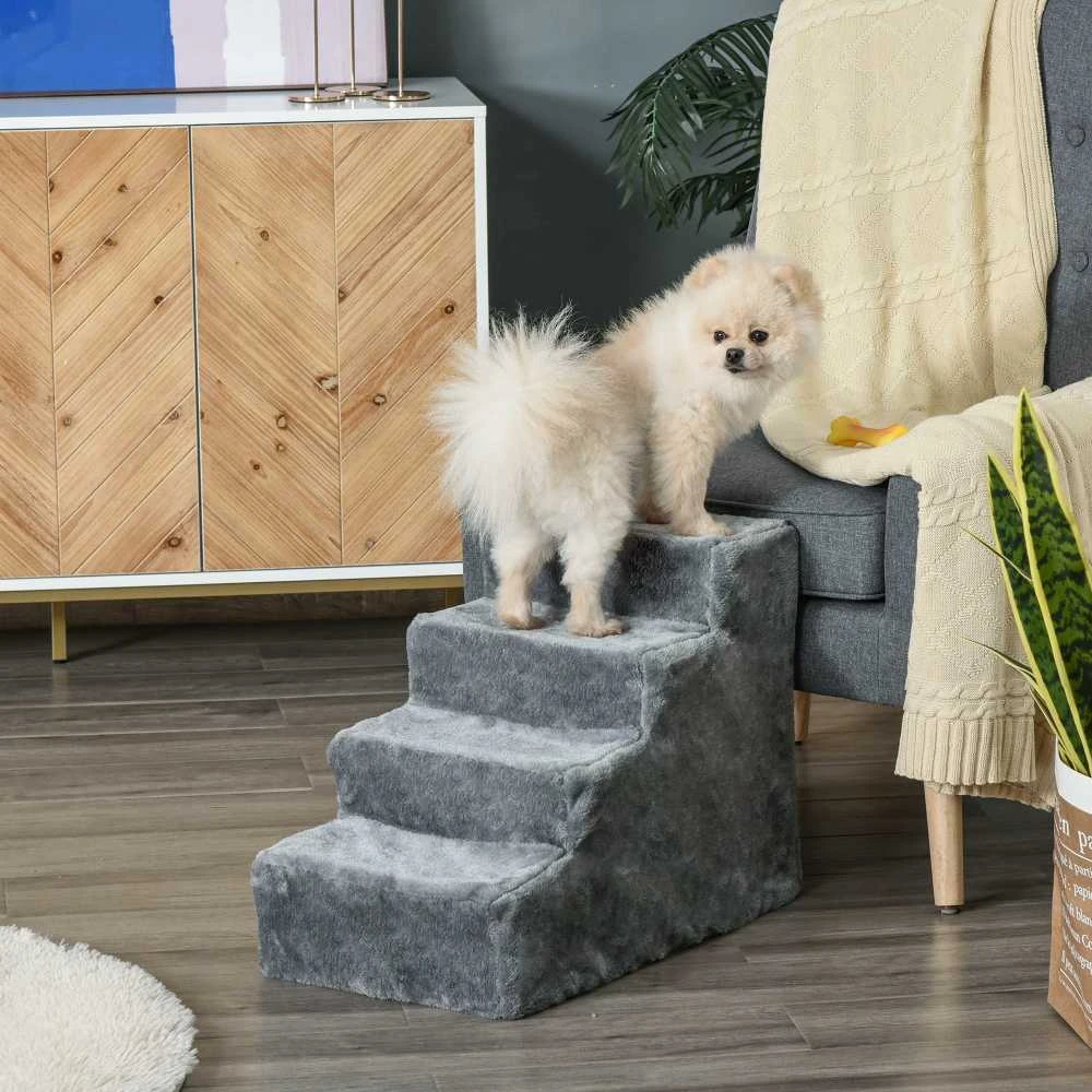 PawHut naminių gyvūnų laipteliai, 4 pakopų rampa šunims su nuimamu užvalkalu, laiptai katėms, medžio drožlių plokštė, pliušas, pilka, 60x35x44 cm