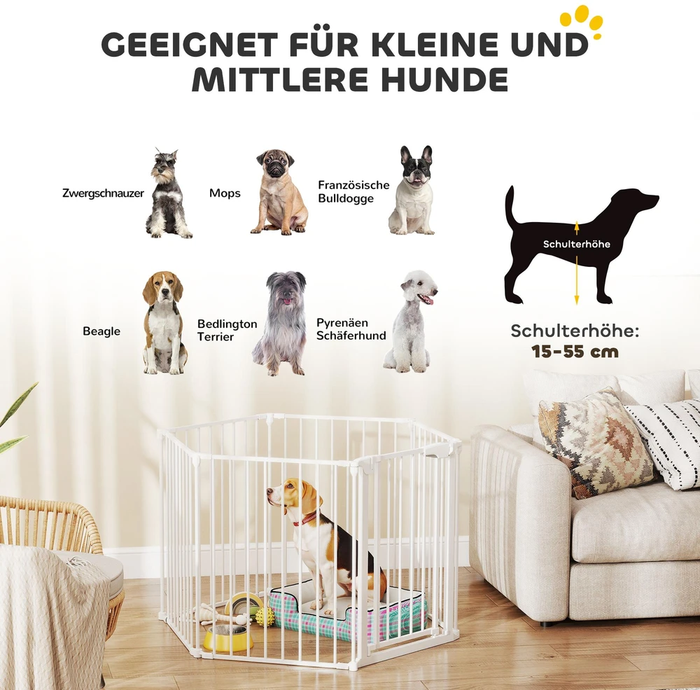 PawHut naminių gyvūnėlių tvorelė, 6 dalių barjeras su durelėmis, sulankstomas, mažų ir vidutinių veislių šunims, plastikas, anglinis plienas, balta