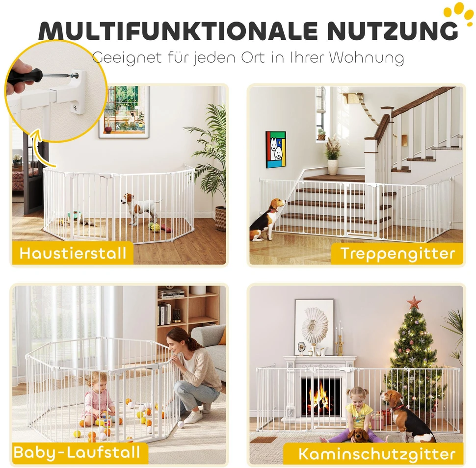 PawHut naminių gyvūnėlių tvorelė, 6 dalių barjeras su durelėmis, sulankstomas, mažų ir vidutinių veislių šunims, plastikas, anglinis plienas, balta