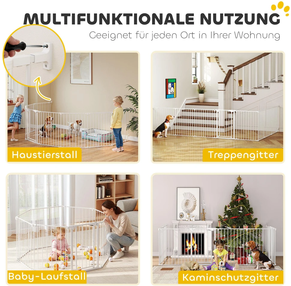 PawHut naminių gyvūnėlių tvorelė, 8 dalių užtvara su durelėmis, sulankstoma, mažiems ir vidutinio dydžio šunims, plastikas, anglinis plienas, balta