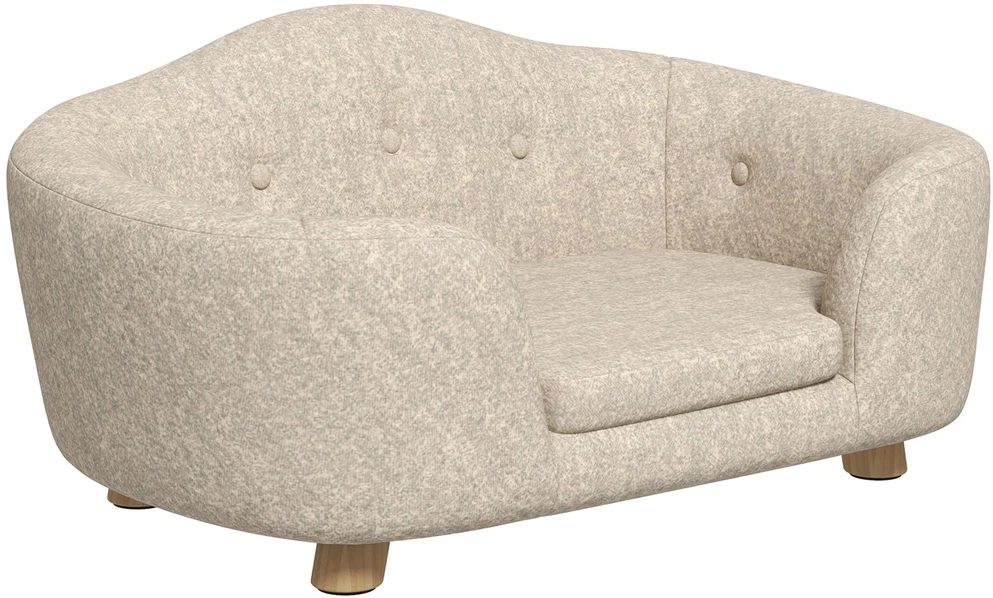 PawHut naminių gyvūnų sofa, šuns guolis su pagalve, kišene atloše, pliušiniu užvalkalu, kreminės baltos spalvos, pušies rėmas