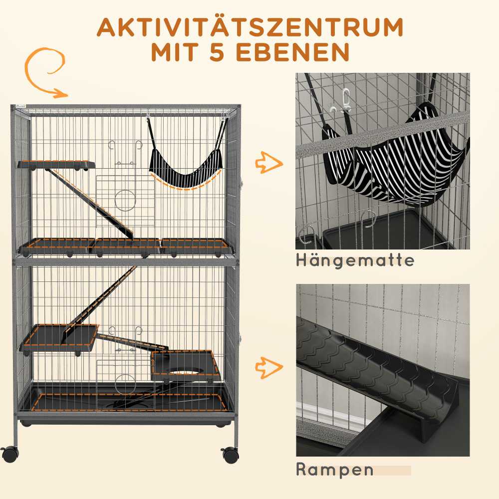 "Pawhut" narvas graužikams Daugiafunkcinis 4 platformos 3 rampos 4 durys Matmenys 80L x 52W x 128H cm Plieninis pilkas sidabrinis juodas