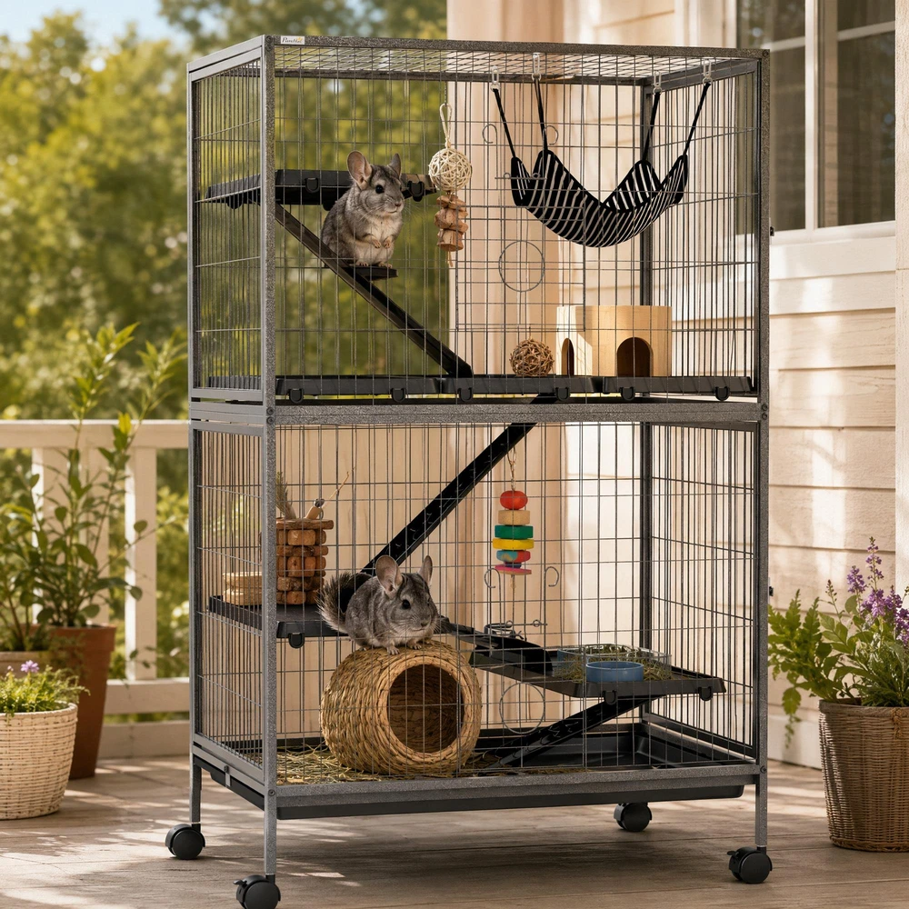 "Pawhut" narvas graužikams Daugiafunkcinis 4 platformos 3 rampos 4 durys Matmenys 80L x 52W x 128H cm Plieninis pilkas sidabrinis juodas