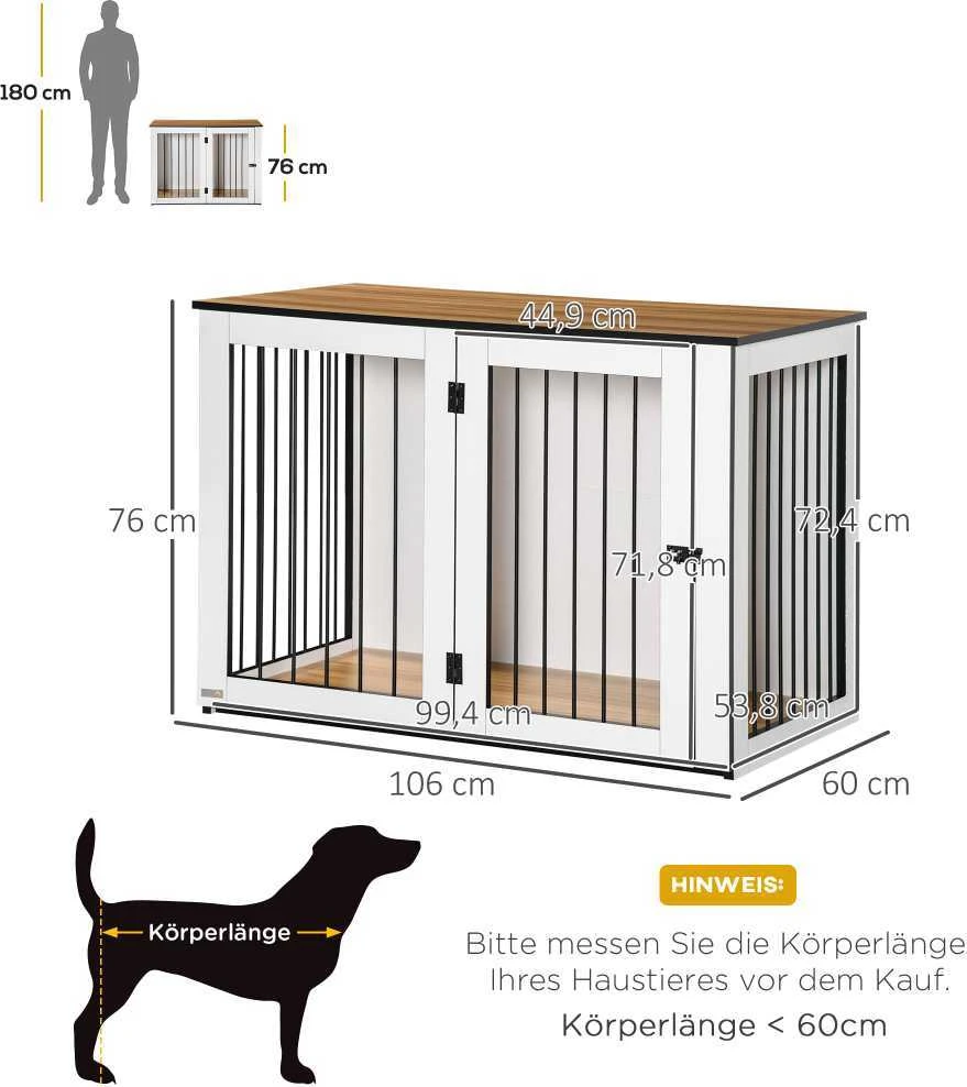 PawHut šunų narvas vidaus patalpoms, naminių gyvūnų narvas mažiems/vidutiniams šunims, medžio drožlių plokštė, tamsaus riešutmedžio ir balta spalva, 106x60x76 cm