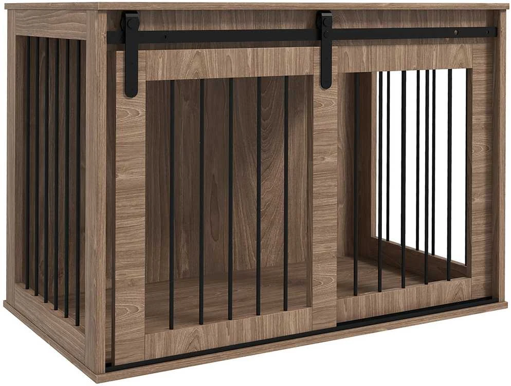 PawHut šunų narvas, šunų namelis su stumdomomis durimis, vidaus naudojimui, medžio imitacija, su užraktu, dideliems šunims iki 30 kg, 98 x 58 x 67 cm, riešutmedžio spalvos