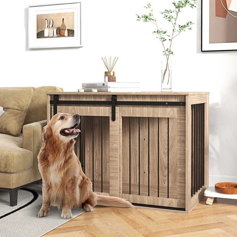 PawHut šunų narvas, šunų namelis su stumdomomis durimis, vidaus naudojimui, medžio imitacija, su užraktu, dideliems šunims iki 30 kg, 98 x 58 x 67 cm, riešutmedžio spalvos