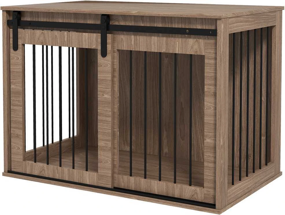 PawHut šunų narvas, šunų namelis su stumdomomis durimis, vidaus naudojimui, medžio imitacija, su užraktu, dideliems šunims iki 30 kg, 98 x 58 x 67 cm, riešutmedžio spalvos