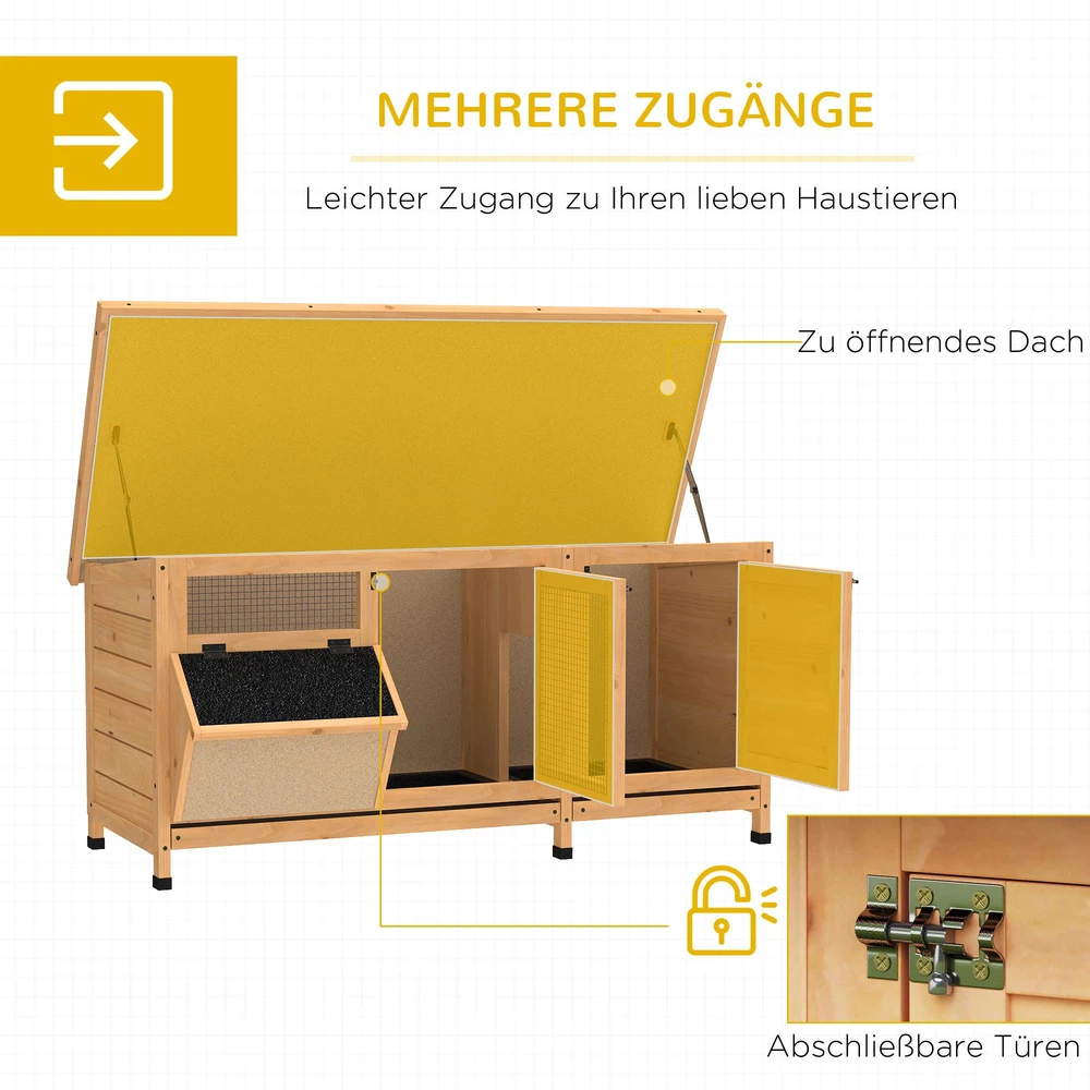 PawHut narvelis smulkiems gyvūnams, 112x50x54 cm, su padėklu, bituminiu stogu ir ėdžėmis, pagamintas iš eglės medienos, natūralios ir juodos spalvos