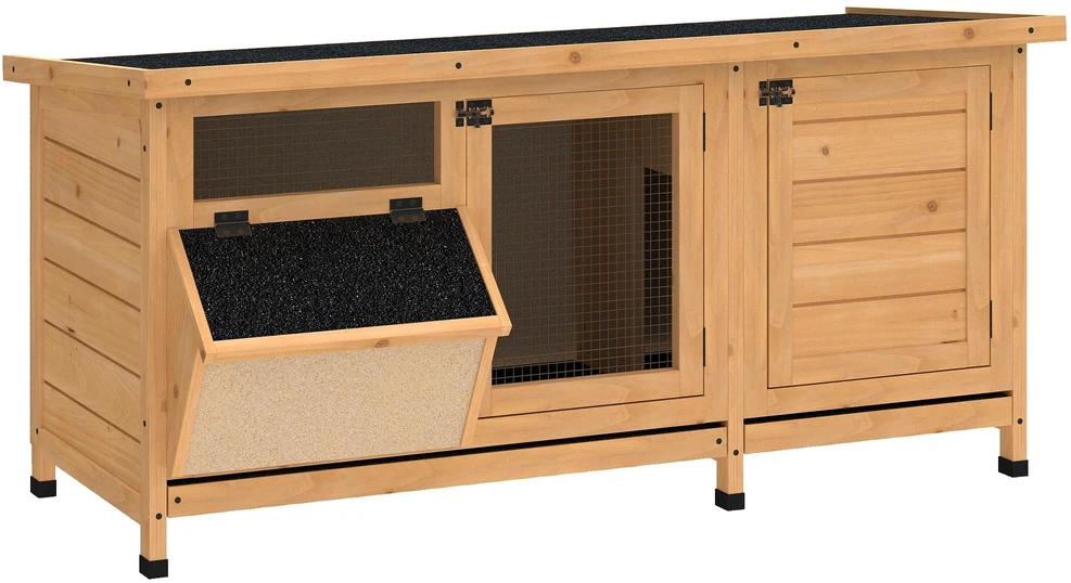PawHut narvelis smulkiems gyvūnams, 112x50x54 cm, su padėklu, bituminiu stogu ir ėdžėmis, pagamintas iš eglės medienos, natūralios ir juodos spalvos