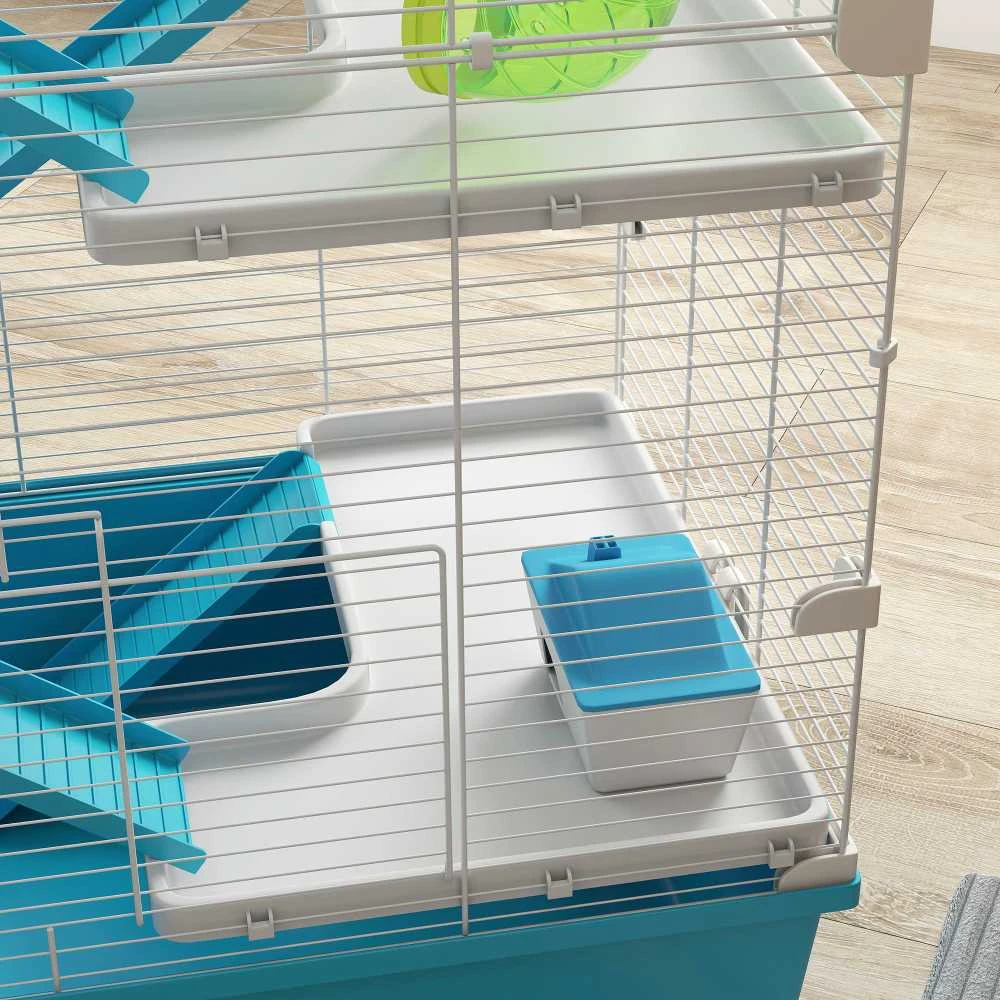 PawHut hamsterio narvas, 6 aukštų narvas smulkiems gyvūnams su vamzdžiais, tuneliais, nameliu, bėgimo rateliu, dubenėliu, gertuve, rampomis, skirtas nykštukiniams žiurkėnams ir smiltpelėms, 58 x 36 x 81 cm, šviesiai mėlynas