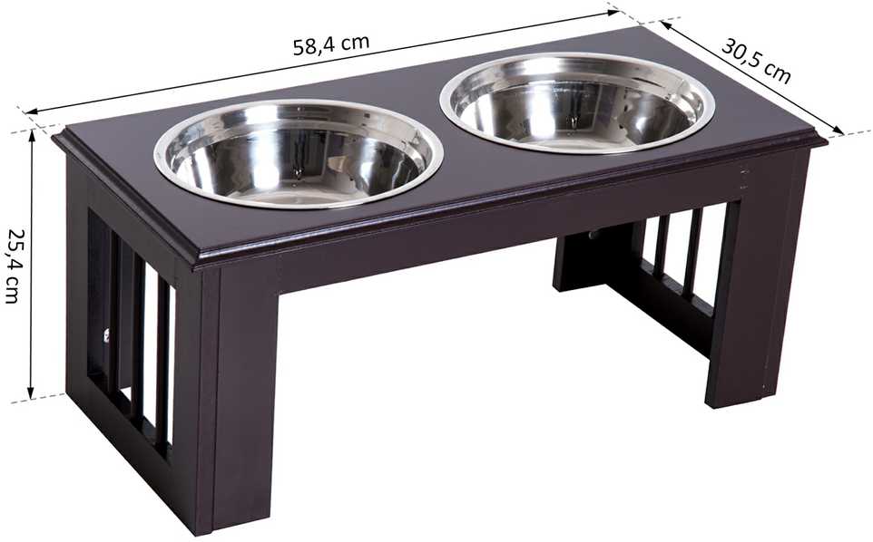 PawHut paaukštintas šunų dubuo, maisto dubuo, dubenys iš nerūdijančio plieno, naminių gyvūnėlių šėrykla, MDF, kavos spalvos, 58,4 x 30,5 x 25,4 cm