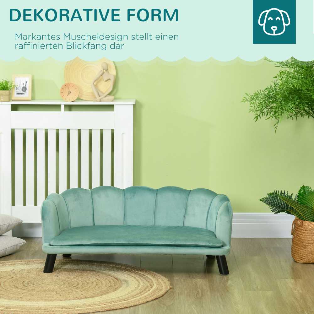PawHut šunų sofa su atlošu ir medinėmis kojelėmis, minkštas apmušalas, naminių gyvūnų sofa, žalia, 98,5x60,5x35,5 cm