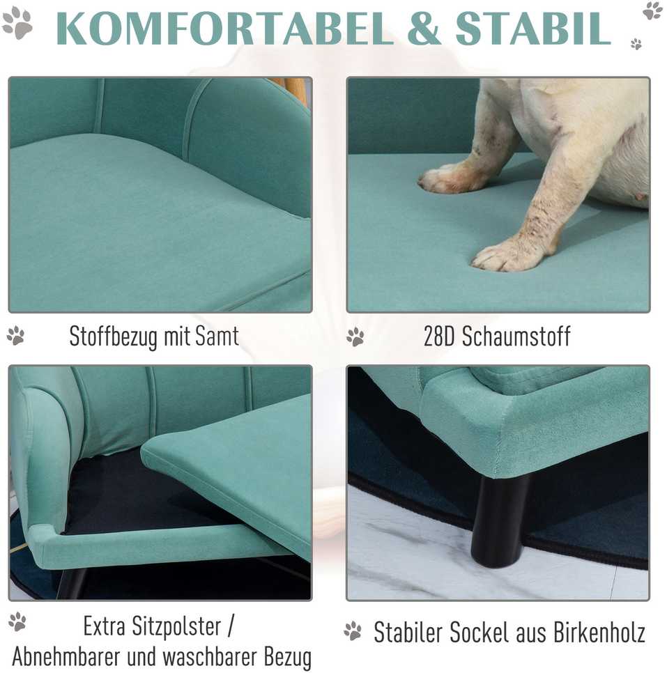 PawHut šunų sofa su atlošu ir medinėmis kojelėmis, minkštas apmušalas, naminių gyvūnų sofa, žalia, 98,5x60,5x35,5 cm