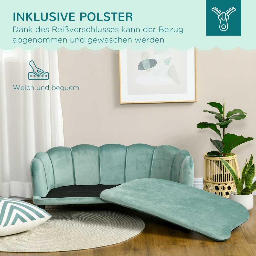 PawHut šunų sofa su atlošu ir medinėmis kojelėmis, minkštas apmušalas, naminių gyvūnų sofa, žalia, 98,5x60,5x35,5 cm