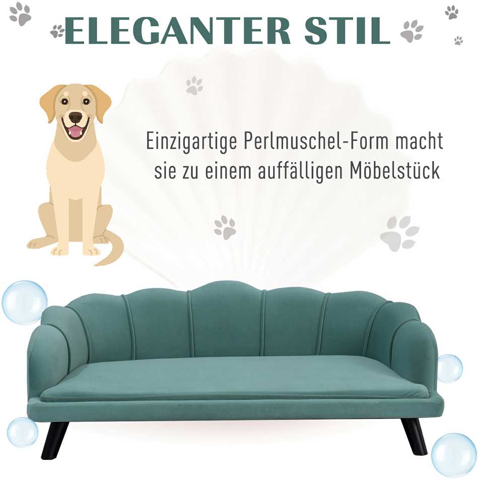 PawHut šunų sofa su atlošu ir medinėmis kojelėmis, minkštas apmušalas, naminių gyvūnų sofa, žalia, 98,5x60,5x35,5 cm