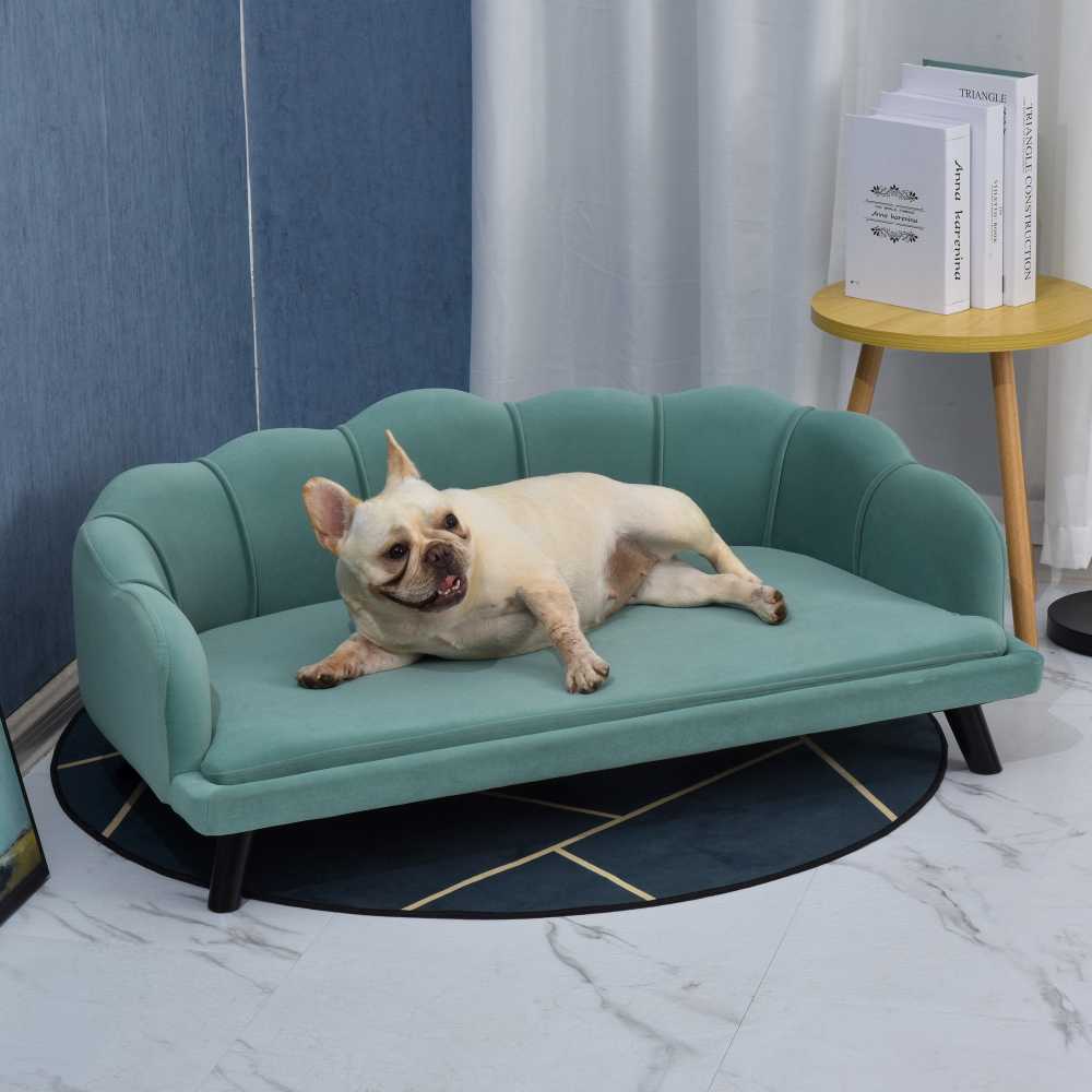 PawHut šunų sofa su atlošu ir medinėmis kojelėmis, minkštas apmušalas, naminių gyvūnų sofa, žalia, 98,5x60,5x35,5 cm