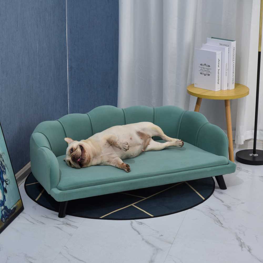 PawHut šunų sofa su atlošu ir medinėmis kojelėmis, minkštas apmušalas, naminių gyvūnų sofa, žalia, 98,5x60,5x35,5 cm