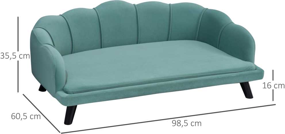 PawHut šunų sofa su atlošu ir medinėmis kojelėmis, minkštas apmušalas, naminių gyvūnų sofa, žalia, 98,5x60,5x35,5 cm