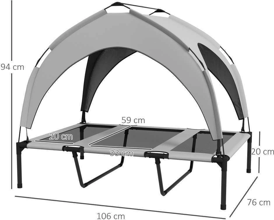 PawHut pakelta šuns lova su stogeliu, naminių gyvūnų lova, lauko gultas šunims su stogu, kvėpuojantis, dideliems šunims, šviesiai pilka, Oksfordo audinys, 106 x 76 x 94 cm