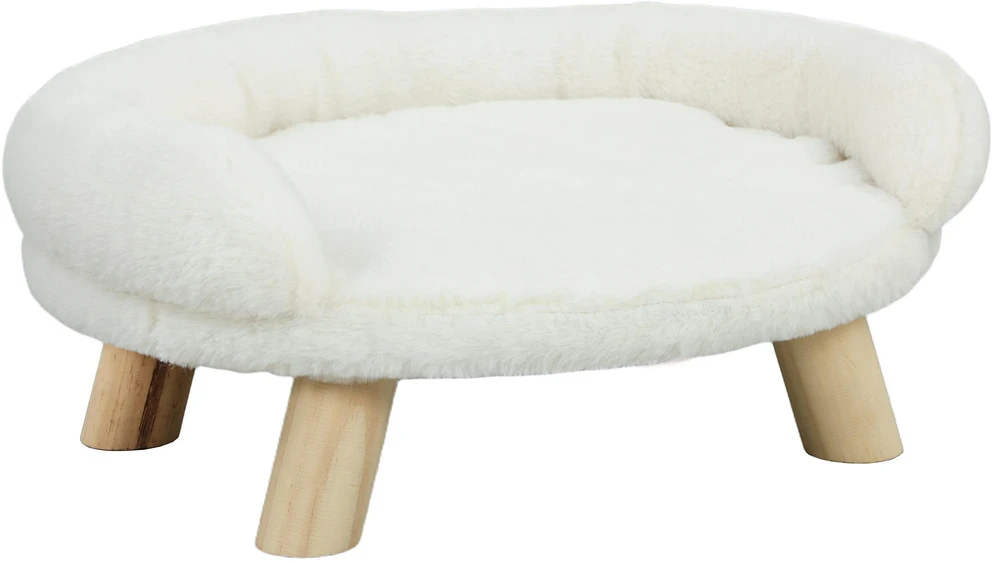 PawHut patogi gyvūnų sofa, paaukštintas dizainas, šunų sofa, kačių sofa, medinės kojelės, flanelė, kreminė, 47x40x20 cm