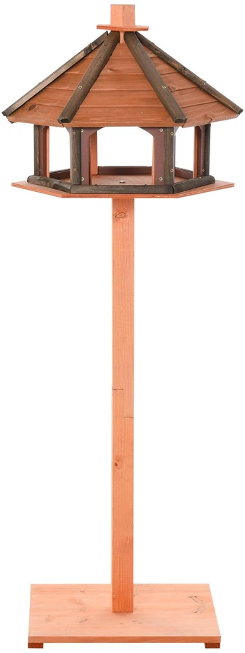 PawHut paukščių namelis, lesykla, medinė paukščių vila, lesykla su stovu, stalo lesykla su vandeniui atspariu stogeliu, natūralios spalvos, Ø52 x 130 cm