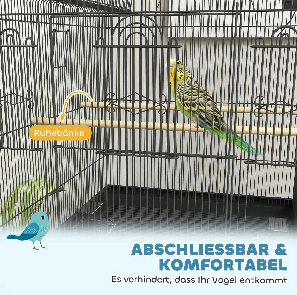 PawHut didelis paukščių narvas, narvelis banguotosioms papūgėlėms su padėklu, lentyna, šėrykla, paukščių namelis su ratukais kanarėlėms, plieno, 63 x 53 x 144 cm, juodas