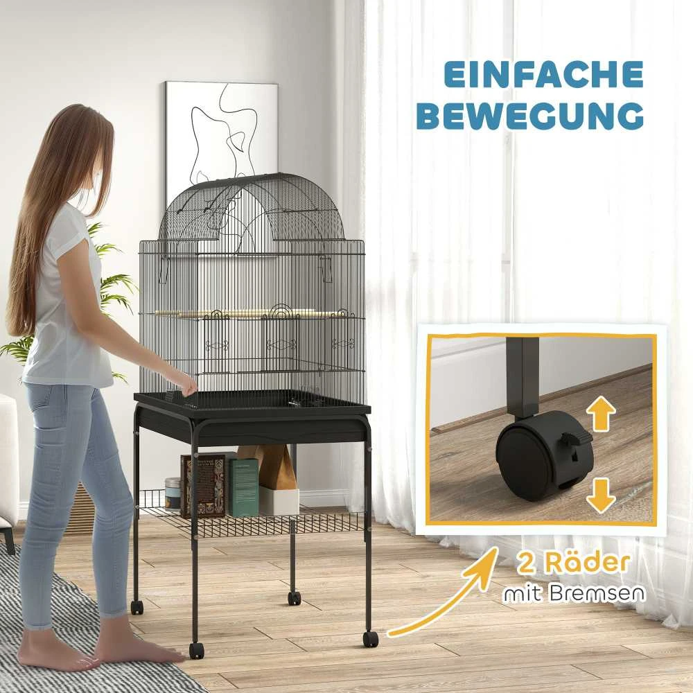 PawHut didelis paukščių narvas, narvelis banguotosioms papūgėlėms su padėklu, lentyna, šėrykla, paukščių namelis su ratukais kanarėlėms, plieno, 63 x 53 x 144 cm, juodas