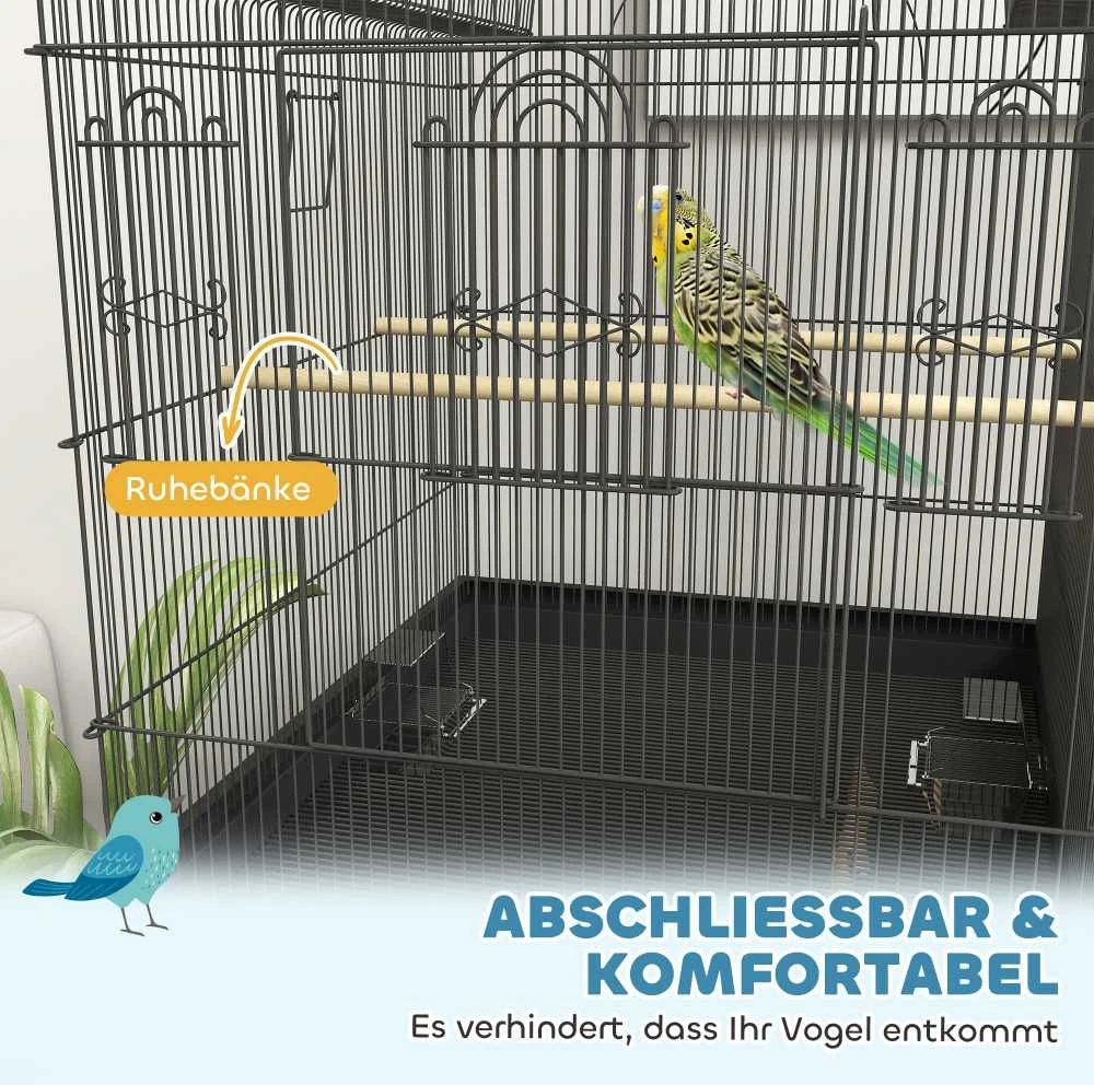PawHut didelis paukščių narvas, narvelis banguotosioms papūgėlėms su padėklu, lentyna, šėrykla, paukščių namelis su ratukais kanarėlėms, plieno, 63 x 53 x 144 cm, juodas