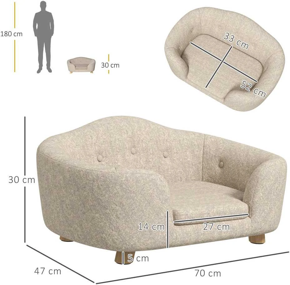 PawHut naminių gyvūnų sofa, šuns guolis su pagalve, kišene atloše, pliušiniu užvalkalu, kreminės baltos spalvos, pušies rėmas